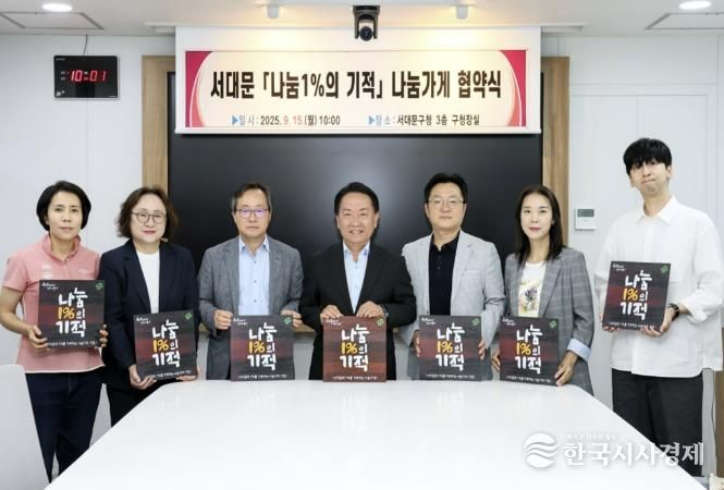 ‘서대문 나눔1%의 기적’ 나눔가게 협약식에서 이성헌 구청장(가운데)과 참여 업체 대표들이 현판을 들고 기념 촬영을 하고 있다.