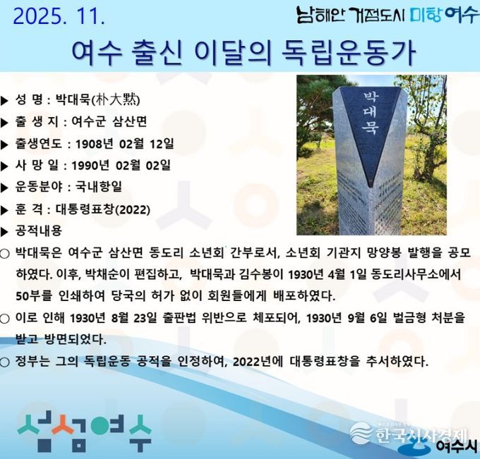 ‘2025년 11월 여수 출신 이달의 독립운동가’ 홍보 포스터