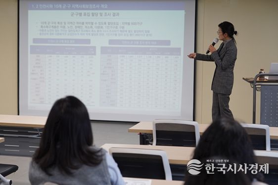 이선정 인천시사회서비스원 정책연구실 연구위원이 지난 3일 인천사서원 대회의실에서 인천시 지역사회보장조사 중간 보고를 하고 있다.