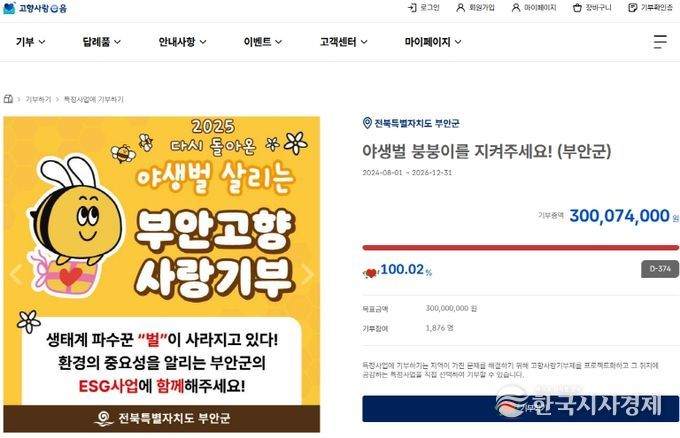 부안군, 고향사랑기부제 지정기부 ESG 사업, 목표액 3억원 달성