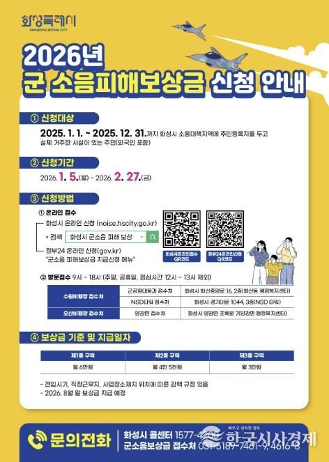 2026년 화성특례시 군소음피해보상금 신청 안내문
