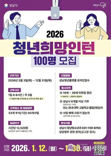 성남시 ‘청년 희망 인턴’ 100명 모집 안내 포스터