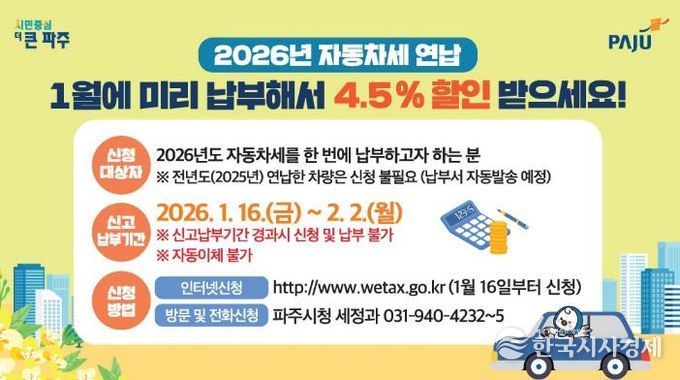 파주시, 자동차세 1월 연납하면 ‘최대 절세’