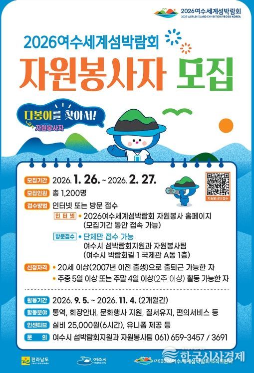 여수시는 2026여수세계섬박람회를 함께할 자원봉사자 “다봉이” 1,200여 명을 오는 1월 26일부터 2월 27일까지 한 달간 모집 예정이라고 밝혔다.