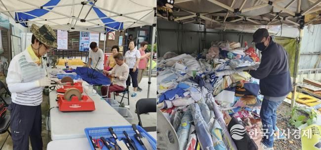 지난해 지역공동체 일자리(칼갈이, 폐현수막 재생사업)에 참여 중인 주민들