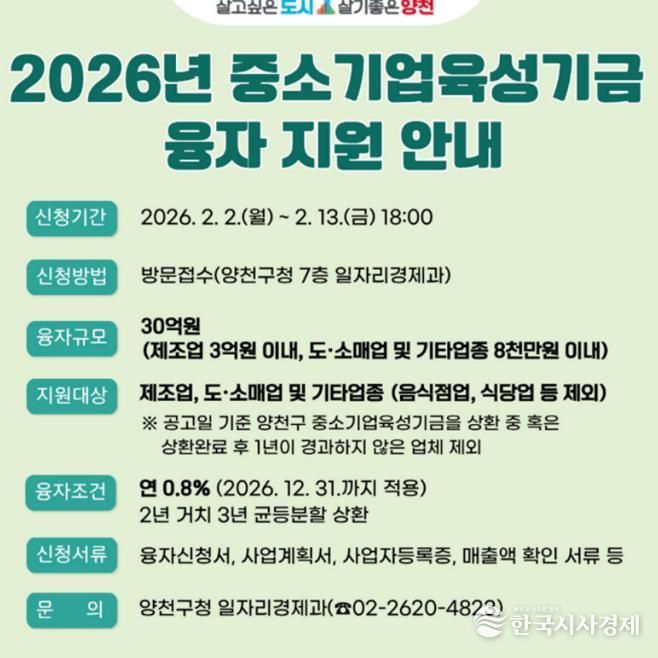 양천구, 2026년 상반기 중소기업육성기금 융자 지원 안내 이미지