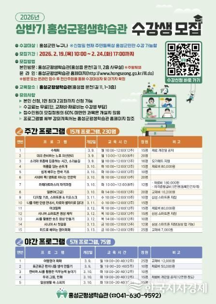 우수 평생학습도시 홍성, 생애별 맞춤형 강좌 수강생 모집