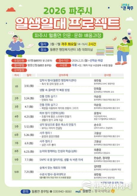파주시 월롱면-동국대학교, ‘인문·문화 배움과정’ 수강생 모집