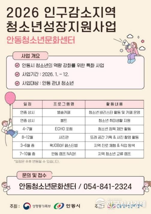 안동청소년문화센터, 인구감소지역 청소년성장지원사업 2년 연속 운영