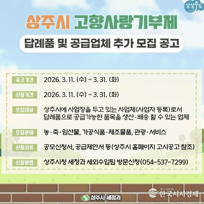 상주시, 고향사랑기부제 답례품 및 공급업체 추가 모집