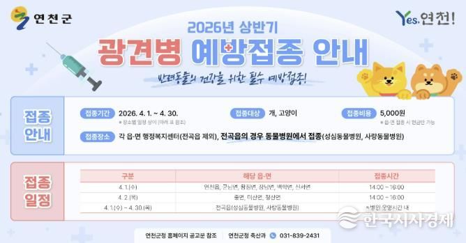 연천군, 2026년 상반기 광견병 예방접종 실시