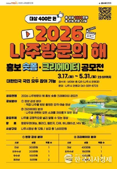 나주시가 오는 5월 31일까지 ‘2026 나주 방문의 해 홍보 숏폼 크리에이터 공모전’을 개최한다.