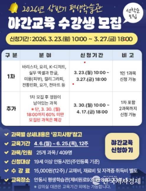 안동시 평생학습관, 상반기 야간교육 수강생 모집