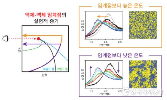 X선 자유전자 레이저를 활용해 관측된 액체-액체 임계점이 존재한다는 실험적 증거에 대한 모식도