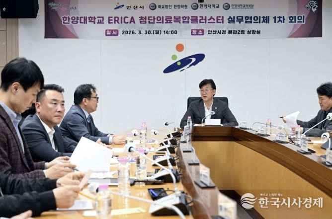 이민근 안산시장이 30일 안산시청 상황실에서 열린 '한양대학교ERICA 첨단의료복합클러스터 실무협의체 1차 회의'에서 발언을 하고 있다.