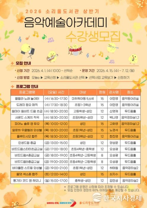오산시 소리울도서관, ‘상반기 음악예술아카데미’ 수강생 모집