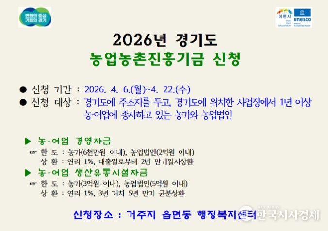 이천시, 2026년도 경기도 농업농촌진흥기금 지원사업 신청·접수